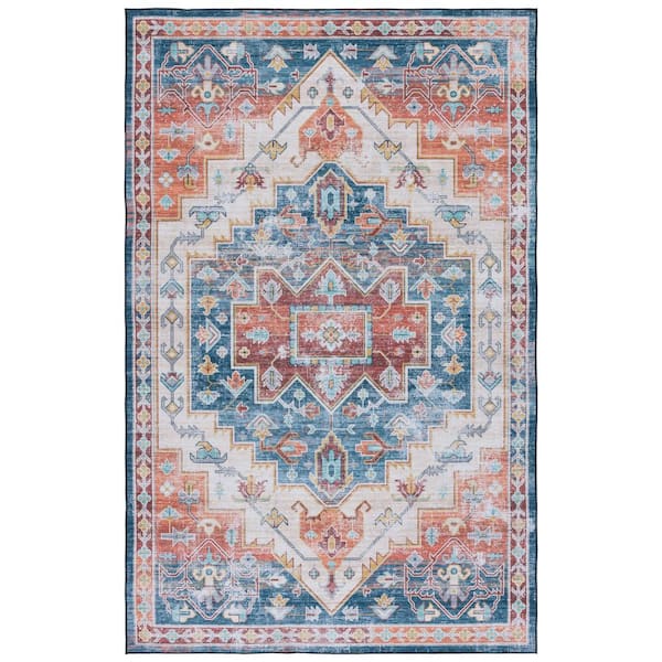 SAFAVIEH Tuscon Blue/Rust 6 ft. x 9 ft. Machine Washable Ikat Floral Area Rug