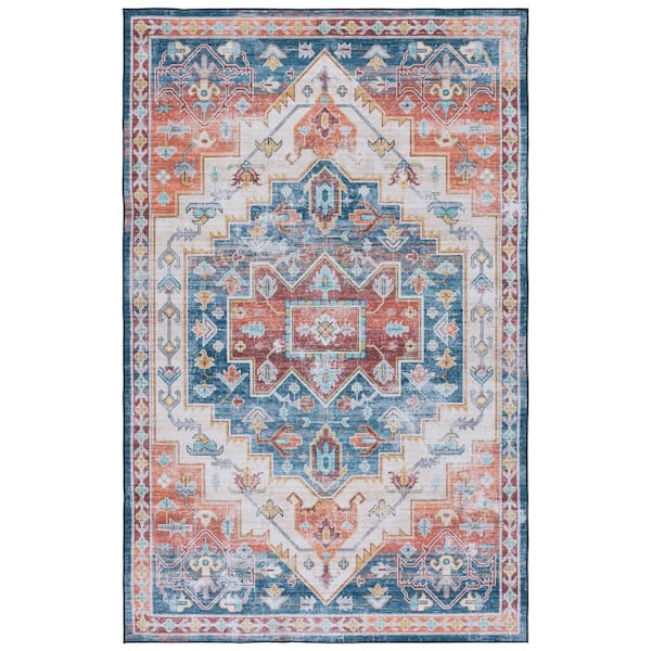 SAFAVIEH Tuscon Blue/Rust 8 ft. x 10 ft. Machine Washable Ikat Floral Area Rug