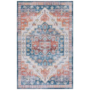 Tuscon Blue/Rust 9 ft. x 12 ft. Machine Washable Ikat Floral Area Rug