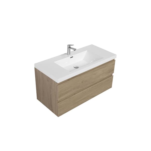 Dimakai 42 in. W Single Sink Wall-Mounted Natural Oak Bath Vanity With White Resin Top Unassembled