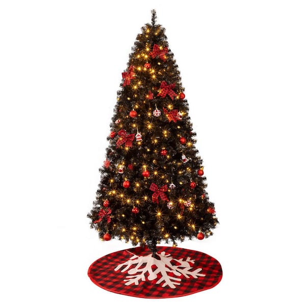 7.5 ft. Pre-Lit LED Slim Fir Black Artificial Christmas Tree with Ornaments and 350 Warm White LED Lights 8 Modes