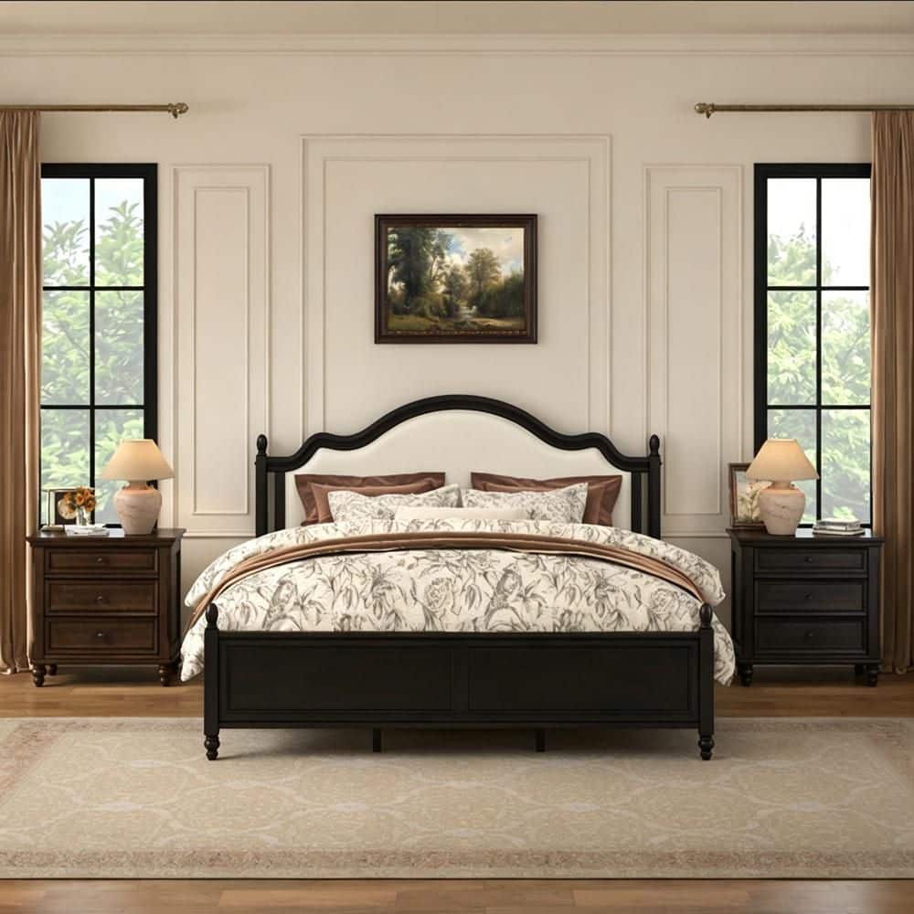 Mid-Century Vintage Black Solid Wood Frame King Size Upholstered Platform Bed with Camelback Shape Headboard price history on PriceWatchPro