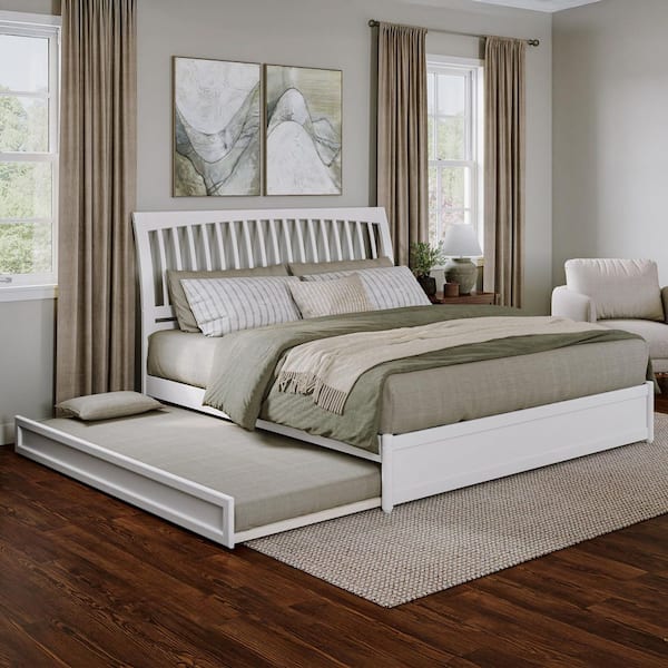 AFI Roslyn White Solid Wood Frame King Platform Bed with Panel Footboard and Twin XL Trundle