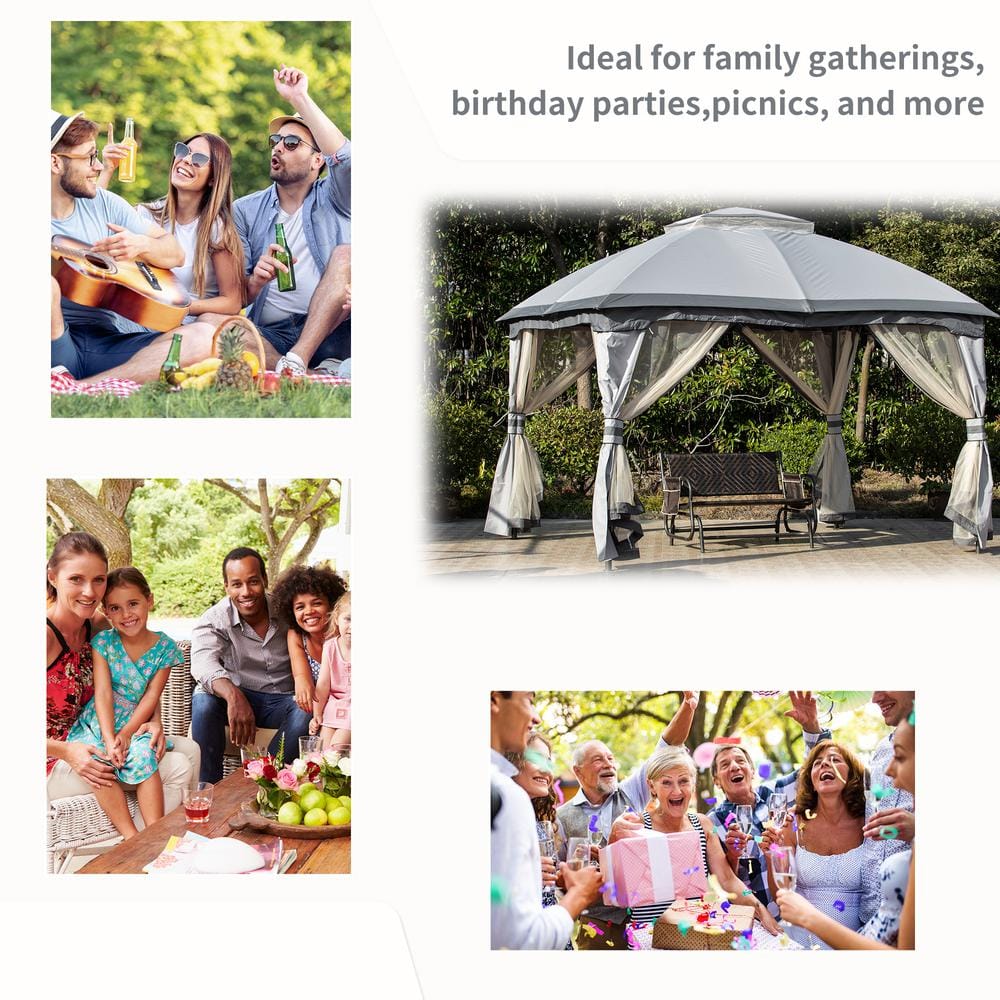 Gray Steel Outdoor Gazebo with Mesh Sidewalls and Vented Roof