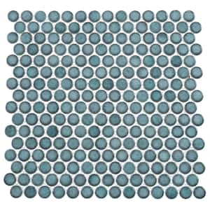Honoro Bulbi Teal Dark Green Glossy 11-15/16 in. x 12-1/8 in. Penny Round Smooth Glass Mosaic Tile (10 sq. ft./Case)