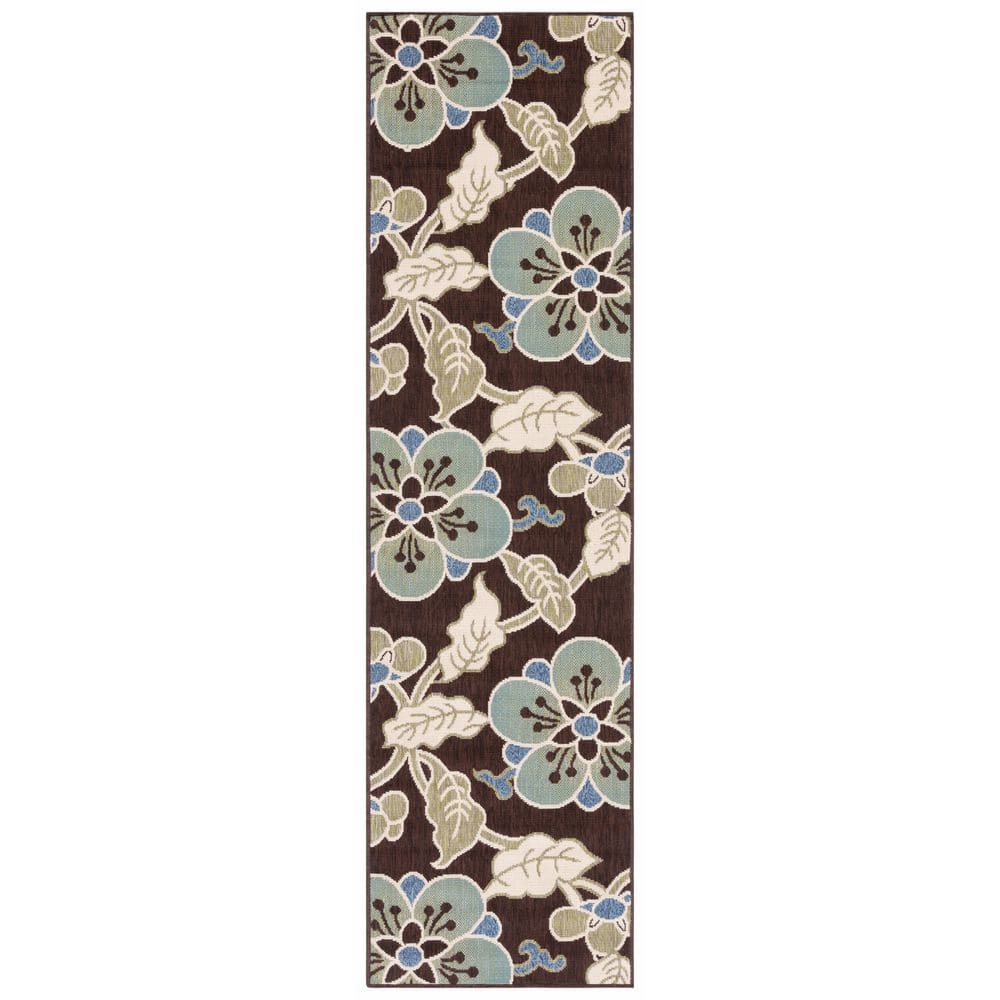 SAFAVIEH Veranda Chocolate/Aqua 2 ft. x 8 ft. Oversized Floral Indoor ...
