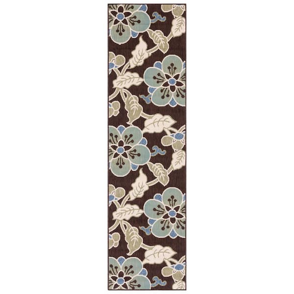 SAFAVIEH Veranda Chocolate/Aqua 2 ft. x 8 ft. Oversized Floral Indoor/Outdoor Runner Rug