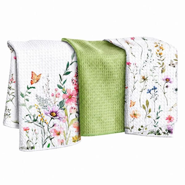 Fresh Flowers Microfiber Kitchen Towels Set of 3, Reversible Waffle Weave, 18 in. x 26 in. for Everyday Dish Drying