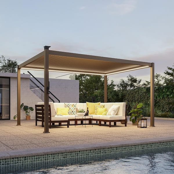 10 ft. x 13 ft. Brown Metal Louvered Patio Pergola with Solar LED Lights and Adjustable Louvers