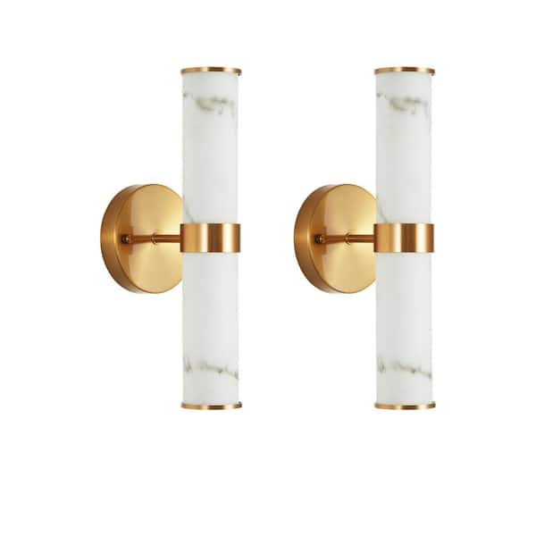 2-Light LED Wall Sconce with Simulated Marble Texture and Gold Fixture Set of 2