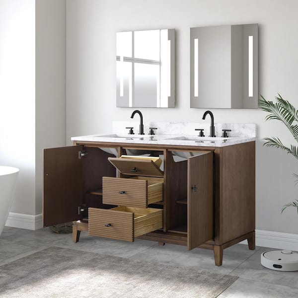 54 in. W x 22 in. D Double Sink Freestanding Walnut Bath Vanity Cabinet with White Engineered Marble Top