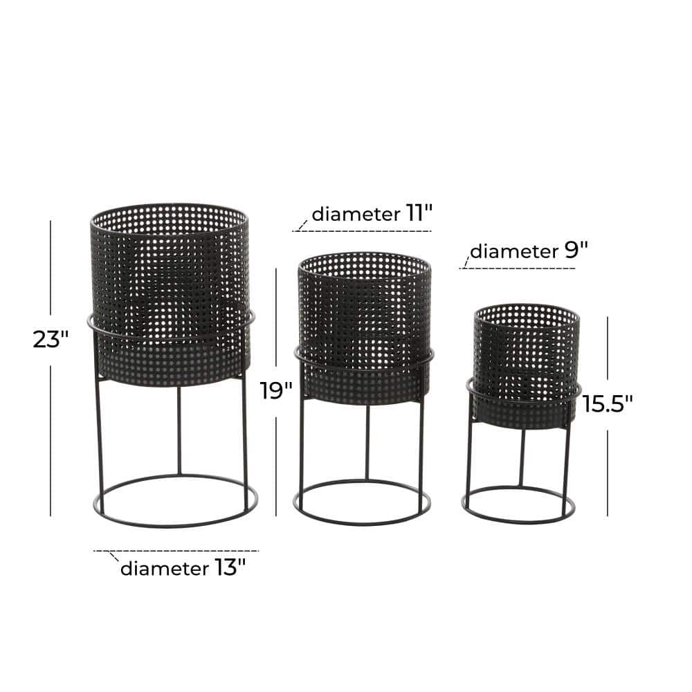 Set of 3 Black Metal Perforated Cylinder Floor Planters