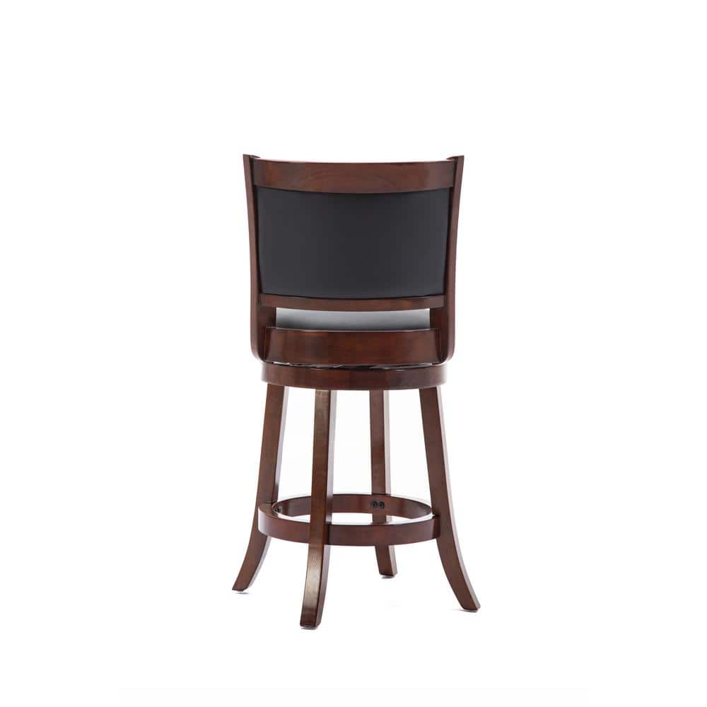 Cherry Wood Swivel Counter Stool with Black Leather Upholstery