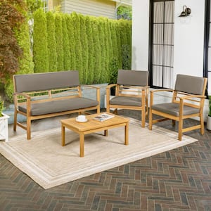 Barclay 4-Piece Modern Coastal Acacia Wood Conversation Outdoor Patio Set with Dark Gray/Teak Brown Cushions