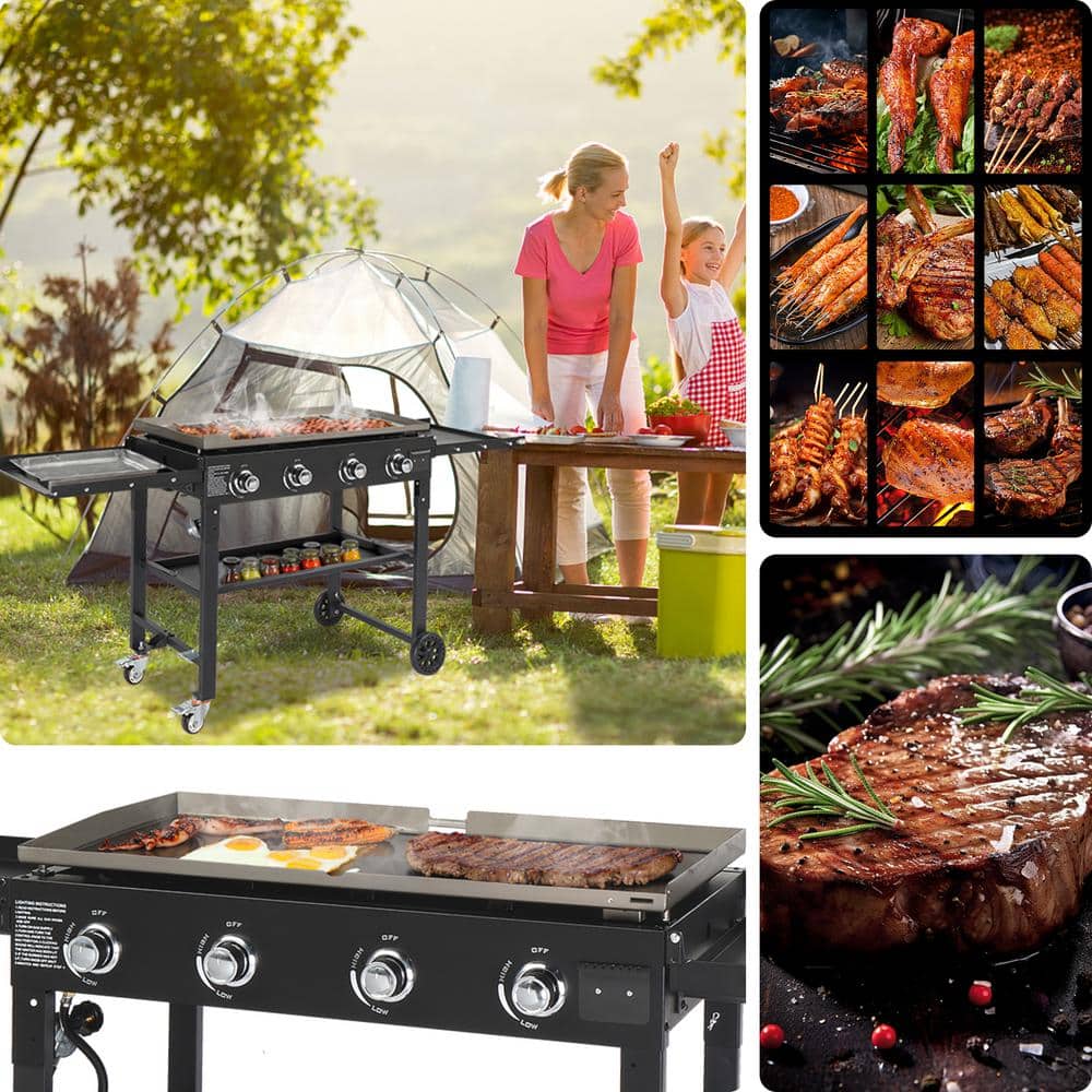 Foldable Black 4-Burner Propane Gas Griddle Cooking Station