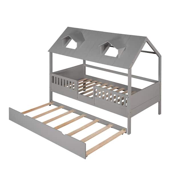 JASMODER 42.9 in. W Gray Twin Frame Canopy Bed House Bed with Trundle