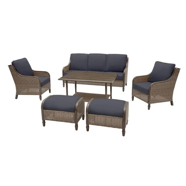 Hampton Bay Windsor 6-Piece Brown Wicker Outdoor Patio Conversation Seating Set with CushionGuard Midnight Navy Blue Cushions