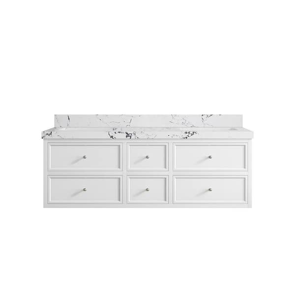Willow Collections Roswell Floating 60 in. Double Sink Freestanding White Bath Vanity with Viola Night Qt. Top Unassembled