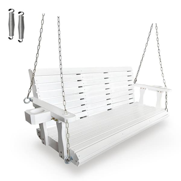 70 in. 3-Person Wood Porch Swing with Cup Holders, Hanging Chains and 7mm Springs, Heavy Duty 880 lbs., White