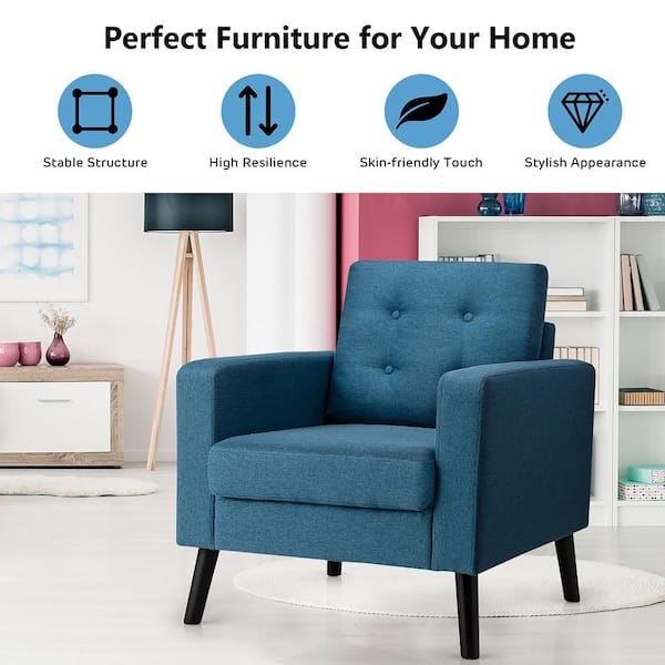 Blue Rubber Wood Accent Chair Fabric Armchair Single Sofa