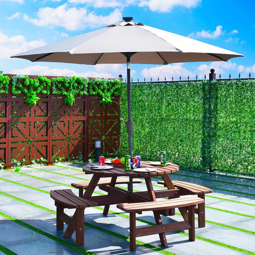 Brown Fir Wood Round Picnic Table Set with Umbrella Hole