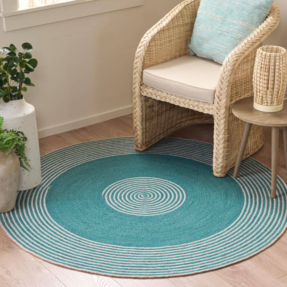 Braided 5 ft. x 5 ft. Round Turquoise/Pink Concentric Border Striped Area Rug price history on PriceWatchPro