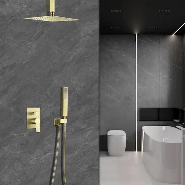 1-Spray 12 in. Ceiling Mount Dual Shower Heads with Handheld Built-In Shower System in Brushed Gold