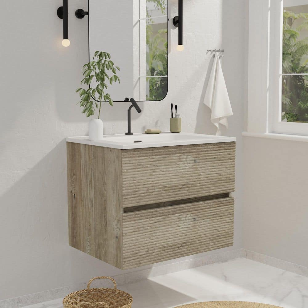 24 in. Wall-Mounted Floating Bath Vanity in Rough Oak with Single Ceramic S
