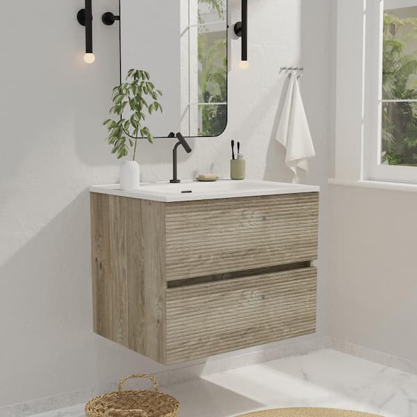 Feelive 24 in. Wall-Mounted Floating Bath Vanity in Rough Oak with Single Ceramic Sink Top in White