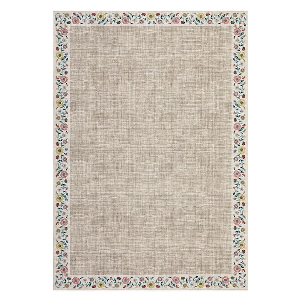 Light Camel 5 ft. x 7 ft. Modern Floral Border Low Pile Soft Non-Slip Washable Office Laundry Room Farmhouse Area Rug