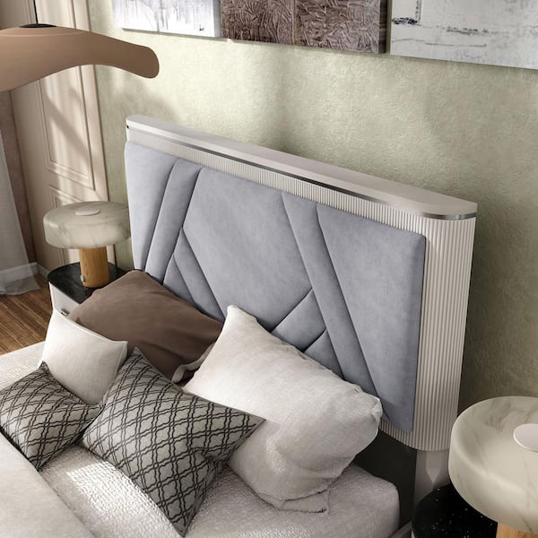 Addy Gray Wood Frame Queen Panel Bed with Padded Headboard