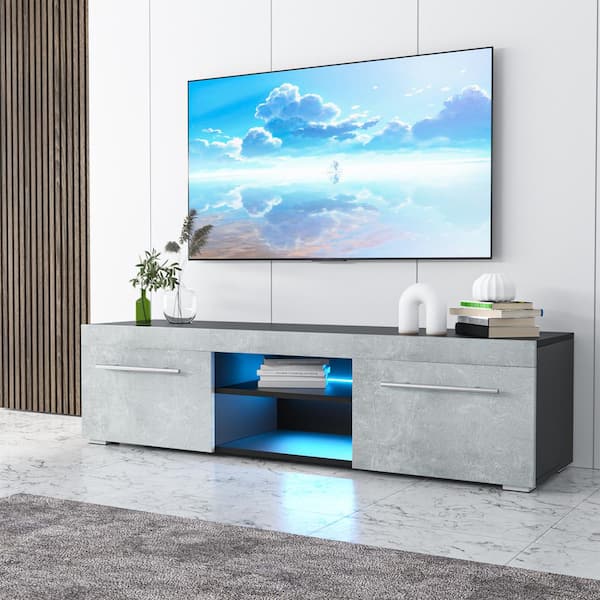 WOODYHOME 51 in. Gray Black TV Stand with 2-Storage Drawers Fits TV's up to 59 in. with LED Light