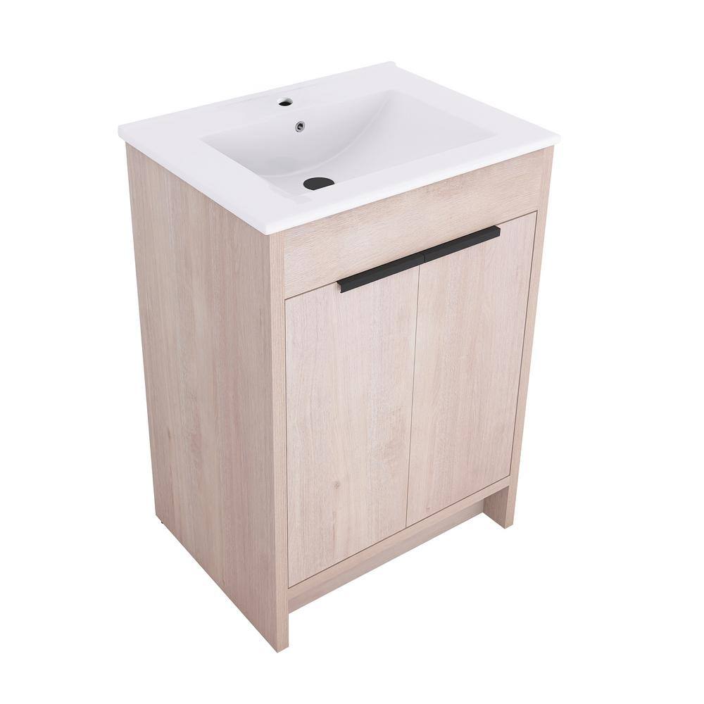 Freestanding Light Oak Plywood Bathroom Vanity with White Ceramic Sink