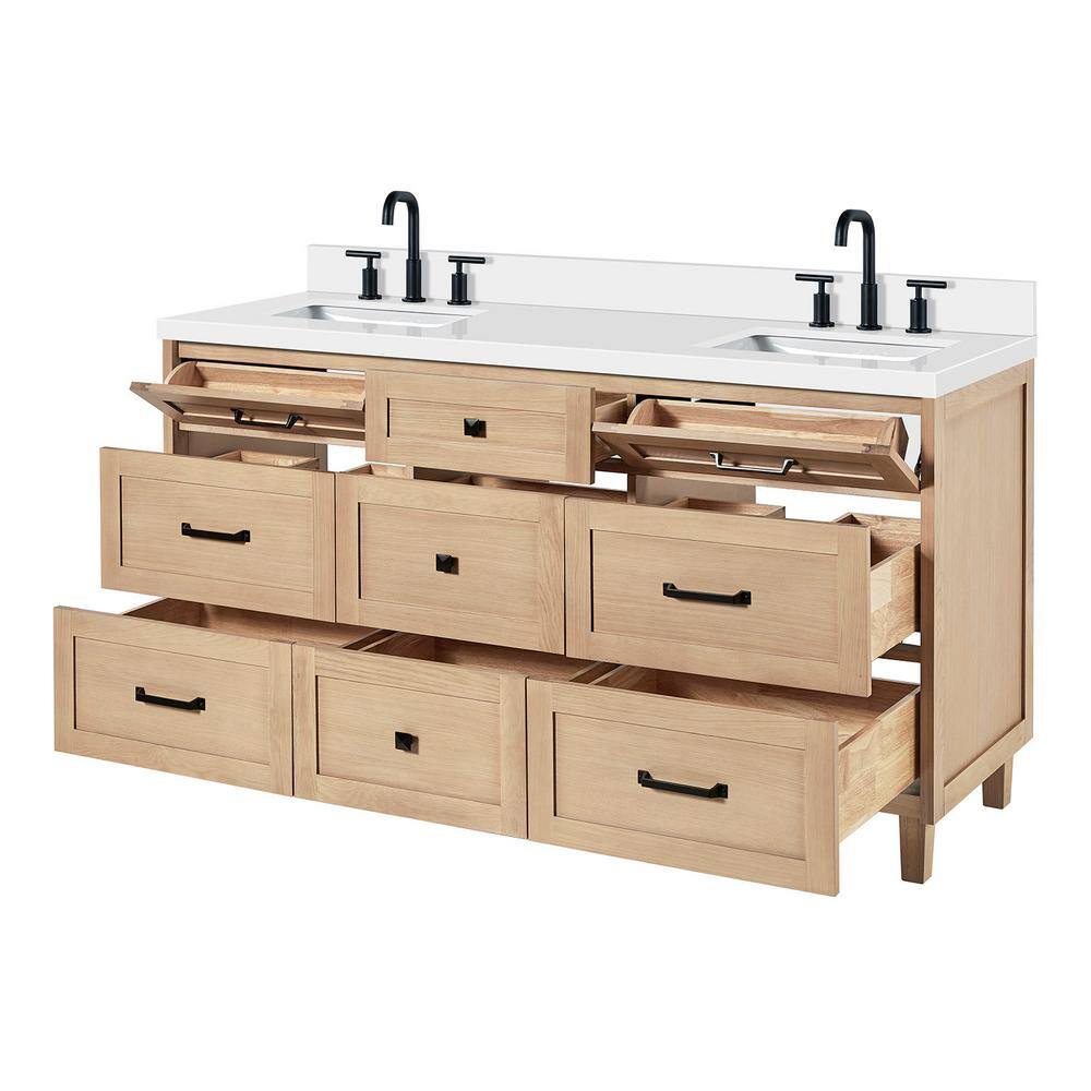 Monroe 67" Light Oak Double Vanity with White Quartz Top