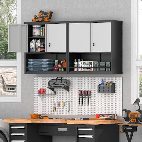 Black 34.4 in. Wall Mounted Steel Storage Cabinet with Adjustable Shelves Locking Doors and Open Shelf Organizer