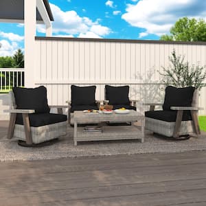 4-Piece Wicker Swivel Outdoor Rocking Chair Set with Ergonomic Armrests and Thick Black Fade-Resistant Cushions