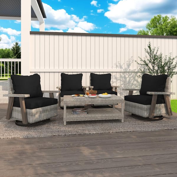 INMITOM 4-Piece Wicker Swivel Outdoor Rocking Chair Set with Ergonomic Armrests and Thick Black Fade-Resistant Cushions
