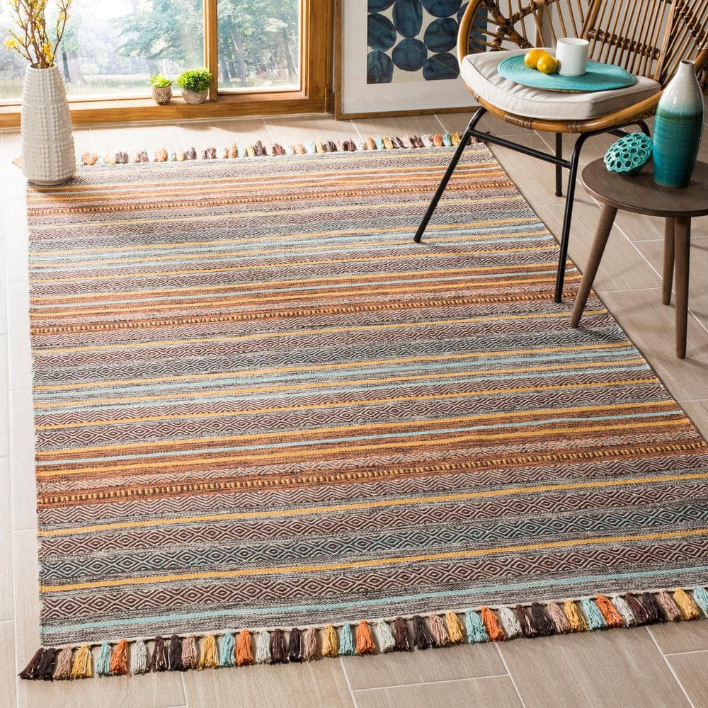 Turquoise and Brown Handwoven Cotton Striped 8' x 10' Area Rug