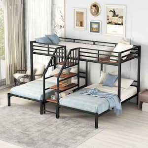 Black Metal Twin over Twin and Twin Bunk Bed, Triple Bunk Bed with Storage Shelves Staircase