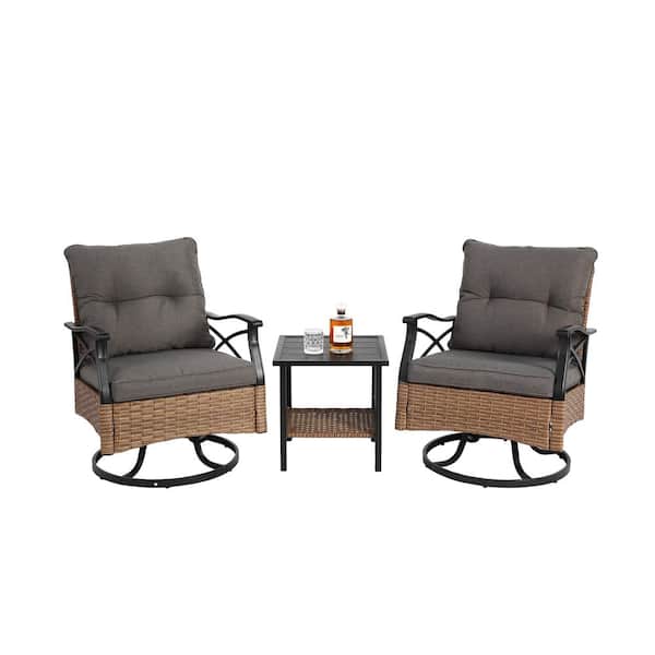 Tenleaf 3-Piece Wicker and Metal Patio Conversation Set with Gray Cushions