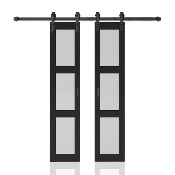 36 in. x 84 in. 3-Lite Tempered Frosted Glass Black Finished Composite Double Sliding Barn Door with Hardware Kit Handle