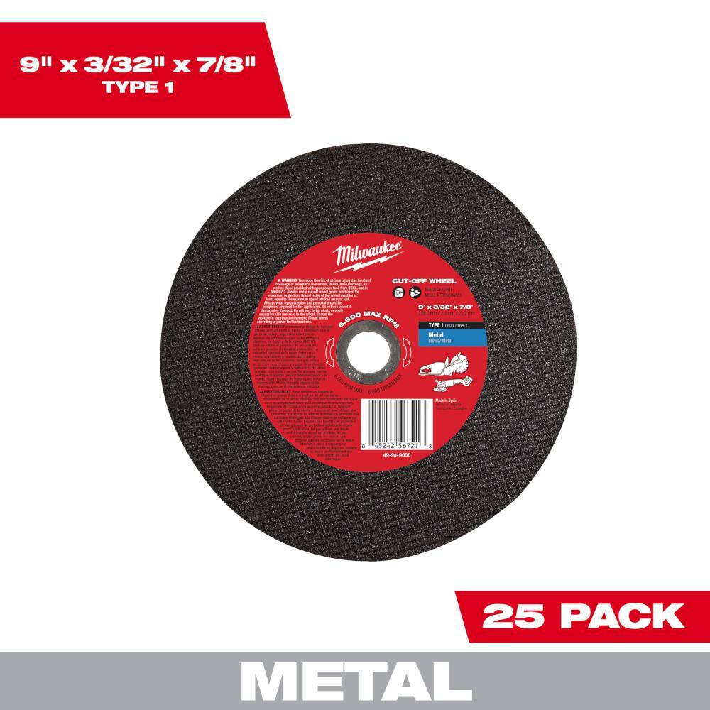 Milwaukee 49-94-9000 9” X 3/32” X 7/8” Metal Cut-Off Wheels – 25-Pack