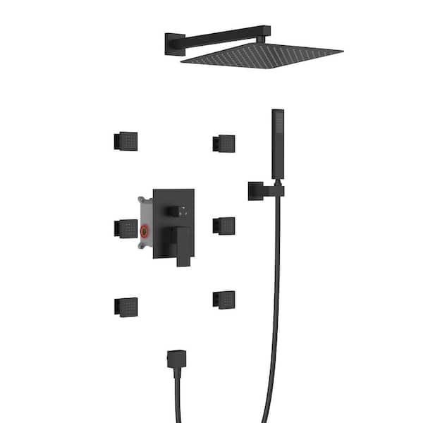 Dual Shower Set 1-Spray Wall Mount 12 in. Square Rainfall Shower Head and 1.8 GPM Hand Shower in Matte Black with 6 Jets