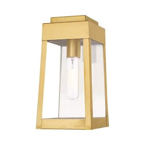 Vaughn 12 in. 1-Light Satin Brass Outdoor Hardwired Wall Lantern Sconce with No Bulbs Included
