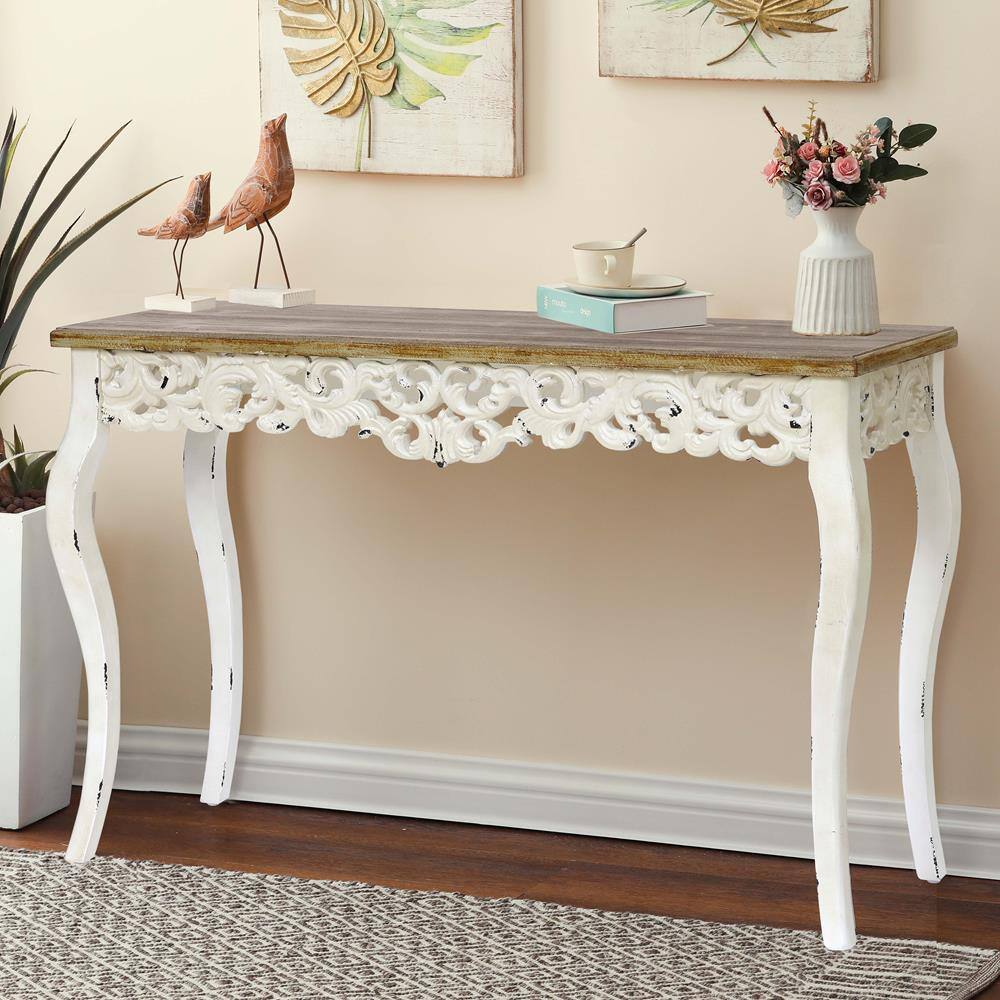 Victorian Off-White and Natural Wood Console Table with Storage