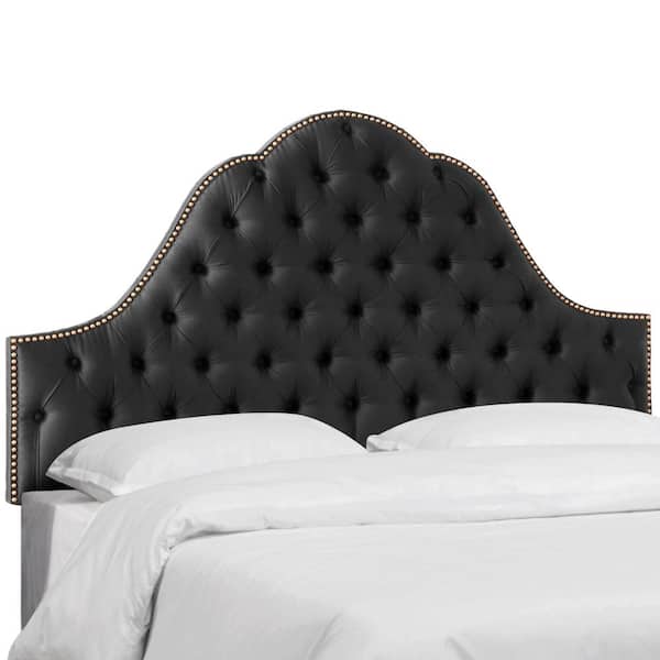Skyline Furniture Normandy Shantung Black California King Tufted Arch Headboard with Brass Nail Buttons