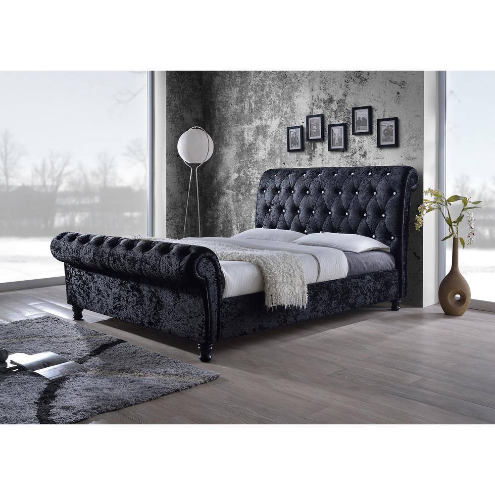 Elegant Black Velvet Queen Platform Bed with Crystal-Button Tufting