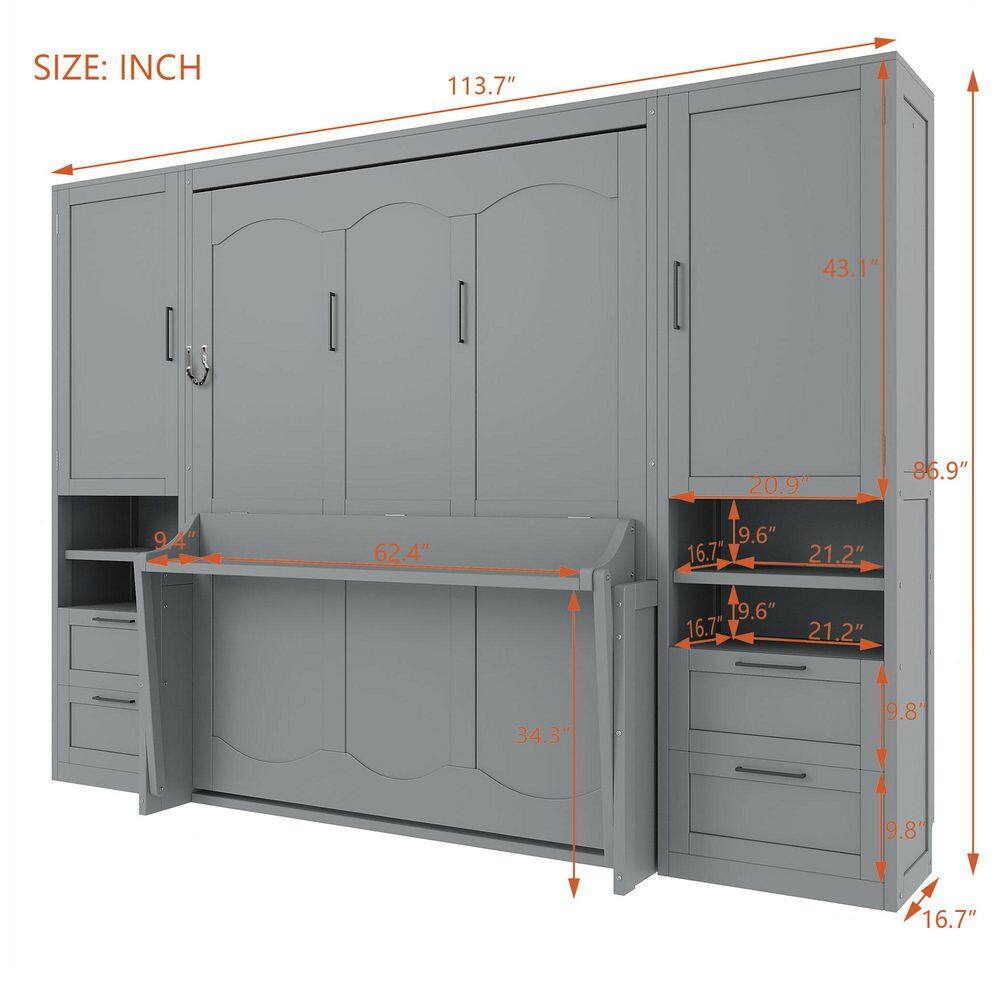 Gray Wood Frame Queen Size Murphy Bed with Closet, Drawers and Shelves - thumbnail 10