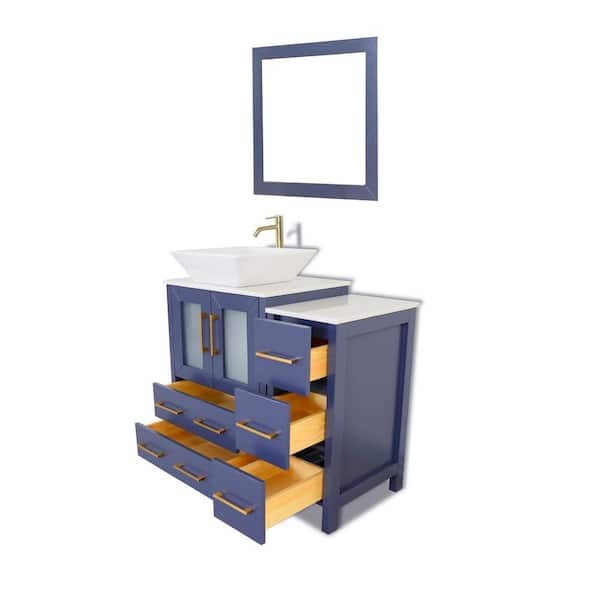 Vanity Art 12 Narrow Bathroom Side Storage Cabinet with Engineered Marble Top - Blue