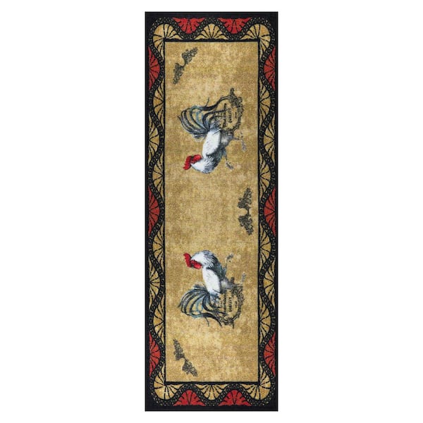 Ottomanson Rooster Collection Non-Slip Rubberback Rooster Design 2x5 Kitchen Runner Rug, 1 ft. 8 in. x 4 ft. 11 in., Beige/Black